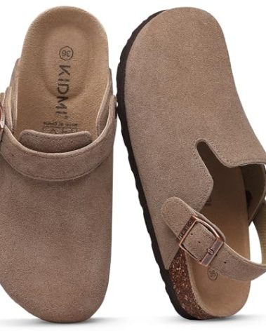 KIDMI Women's Suede Clogs with Back Strap Men's Leather Mules Cork Footbed Slip on Potato Shoes, Mocha 38