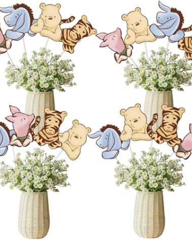 16PCS Vintage Winnie Centerpieces Baby Shower Decorations Table Center Pieces Table Toppers On Stick Cute Cutouts for Pooh Birthday Supplies Party Decor