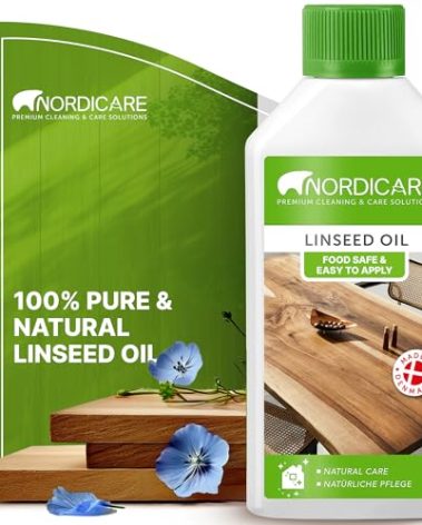 Nordicare Linseed Oil for Wood - 100% Pure & Natural Linseed Oil for Entire Indoor Area - Food-Safe Raw Linseed Oil for Wood Furniture - Underlines the Original Wood Structure - Made in Denmark 16.9oz
