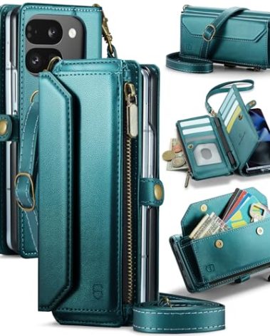 Strapurs Crossbody Wallet Case Compatible with Google Pixel 9 Pro Fold RFID Blocking 10-Card Holder Soft PU Leather Magnetic Snap Shoulder Strap Zipper Phone Case Fit for Pixel 9 Pro Fold - Blue Green