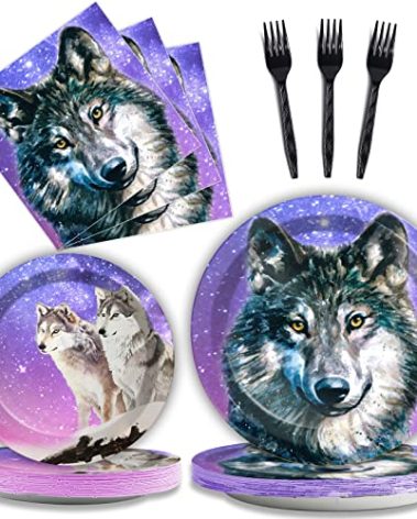 96 Pcs Wolf Party Plates Napkins Tableware Set Wolf Animal Birthday Supplies Disposable Dinnerware Wolves Decoration Favors for Boys Girls Birthday Baby Shower, 24 Guests