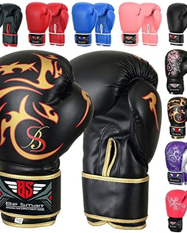 Be Smart Kids Boxing Gloves 4-12 Years 4oz 6oz Training Gloves for Children Sparring Youth Boxing Gloves Junior Training Mitts Punch PU Leather MMA Muay Thai Kick Boxing (Black Gold Tatoo, 4 Oz)