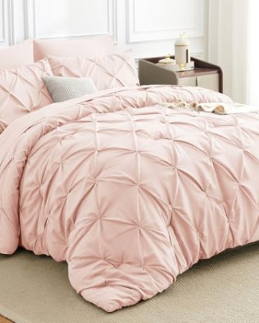 HIMEET King Comforter Set 7 Pieces Bed in A Bag Pink Luxury Soft King Size Bed Set Pintuck Pinch Pleat Bedding Sets with Comforter, Flat Sheet, Fitted Sheet and Pillowcases & Shams
