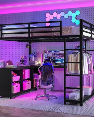Bellemave Queen Size loft Bed with L Desk, Wardrobe, Metal Queen Loft Bed Frame for Adults, Kids, Teens, Black