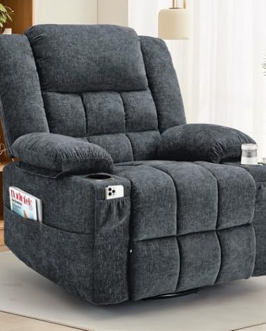 Korser 360° Swivel Rocker Recliner for Adults, Nursery Glider Recliner with Massage and Heating, Rocking Chair with Cup Holder, Manual Recliner Chair for Living Room, Bedroom (Fabric, Dark Gray)