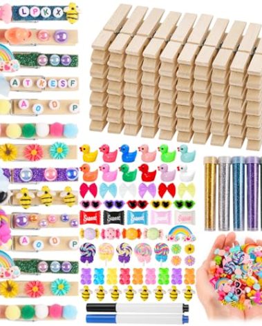 80 Set Cheer Pins Spirit Clips Clothes Wooden Pins for Backpacks Include 90 Mini Resin Animals 30 Mini Bows 500 Beads Cheer Clothespins Decorations Ribbon Team Classroom Cheer Gifts Bulk（Natural）