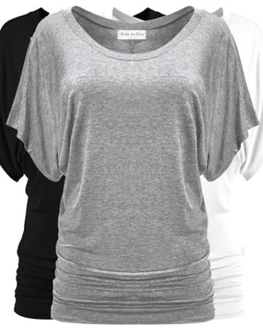 Free to Live 3 Pack Dolman Short Sleeve Business Casual Tops for Women Shirts Fall Dressy Tunic (Large, Black, Heather Grey, White)