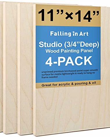 Falling in Art Unfinished Birch Wood Canvas Panels Kit, 4 Pack of 11x14'' Studio 3/4'' Deep Cradle Boards for Pouring Art, Crafts, Painting and More