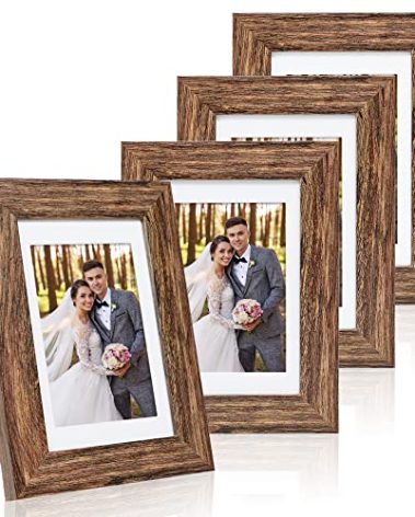 Hongkee 4x6 Picture Frame Set of 4, with Real Glass and Rustic Brown Wooden Frame, 4 by 6 Photo for Wall or Tabletop - Display Picture 3.5x5 with Mat or 4x6 Without Mat