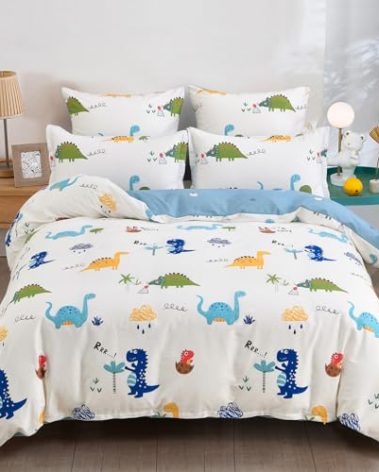 Kids Duvet Cover Set Full, Cotton Dinosaur Kids Bedding Set for Boys Girls, Soft Breathable Comforter Cover Set (1 Duvet Cover+2 Pillowcases)