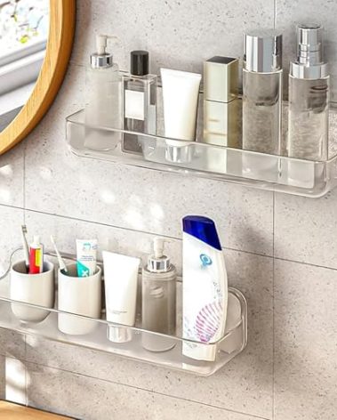 Diesisa 2pc Acrylic Wall Mount Organizer, Adhesive Shelf, Bathroom Shelves for Wall, Self Adhesive Organizer, Shower Caddies, No Drilling Hang Wall,with 3pack Tapes, for Bathroom, Kitchen, Living Room