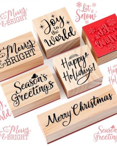 Watersay 6 Pcs Christmas Rubber Stamp Set Merry Christmas Wooden Rubber Stamp Snow Tree Stamps Vintage Wooden Rubber Art Stamps for Crafting and DIY Scrapbooking Card Making Hand Book(Word)