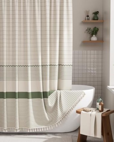 AmazerBath Boho Shower Curtain, Modern Farmhouse Shower Curtain Set with Tassels, Rustic Faux Linen Green Striped Shower Curtain with Hooks, Light Tan Toned, 72x72 Inches