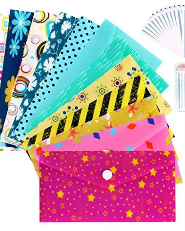 ABC life Cash Envelopes Plastic for Budget System - Money Envelopes for Budgeting and Saving, 12 Pack of Assorted Colors, Tear and Water Resistant, 12 Expense Tracking Budget Sheets & 3 Label Sheets