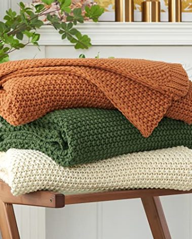 Chunky Cable Knit Throw Blanket Lightweight Beige 100% Organic Cotton Blanket for Sofa Couch Bed Baby Nursery, Rustic Shabby Chic Modern Farmhouse, 60” x 80”