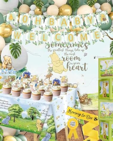 132pcs Classic Winnie Baby Shower Decorations Kit, All-in-1 Vintage Winnie Party Supplies Decorations, Classic The Pooh Backdrop Cake Topper, Winnie Baby Tablecloth Box Decorations for Baby Shower
