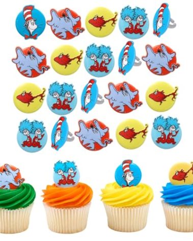 DecoPac Dr. Seuss Cupcake Rings, 24 Cupcake Decorations Featuring Horton, The Cat In The Hat, Things, Red Fish, For Birthday, Party, Celebrations - 24 Pack