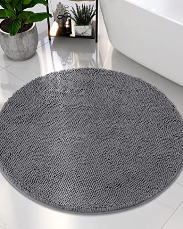 HOMEIDEAS Round Bathroom Rug, Luxury Chenille Shaggy Extra Soft and Absorbent Non Slip Machine Washable Bath Mat (Grey, 3 Ft)