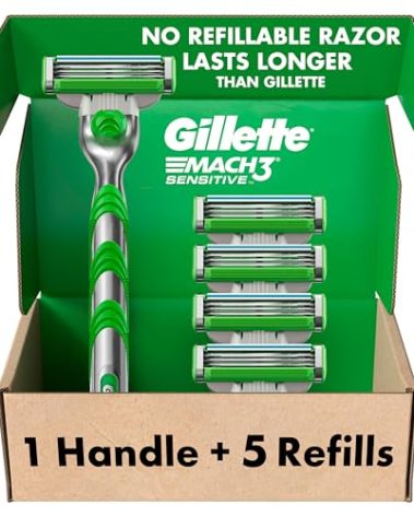 Gillette Mach3 Sensitive Razors for Men, 1 Handle, 5 Blade Refills, Designed for Sensitive Skin
