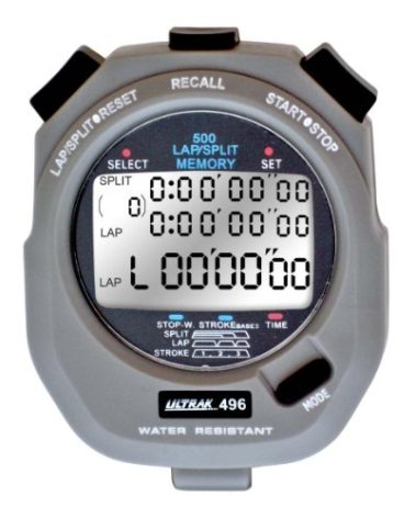 Ultrak 496 500-Lap Stopwatch, Dual-Split Memory Sports Timer with LCD Display, Water-Resistant, Stroke Rate & Countdown, Long-Life Battery