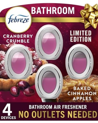 Febreze Bathroom Air Freshener, Odor-Fighting, Plug In Alternative, Air Fresheners for Home and Bathroom and Kitchen, Closet Air Fresheners, Baked Cinnamon Apples & Cranberry Crumble Scent, 4 Count
