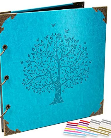 ADVcer Photo Album DIY Scrapbook, 10x10 inch 50 Pages Vintage Leather Cover Three-Ring Binder Picture Booth Albums + 9 Colors 408pcs Self Adhesive Photos Corners for Memory Keep (Family Tree, Cyan)