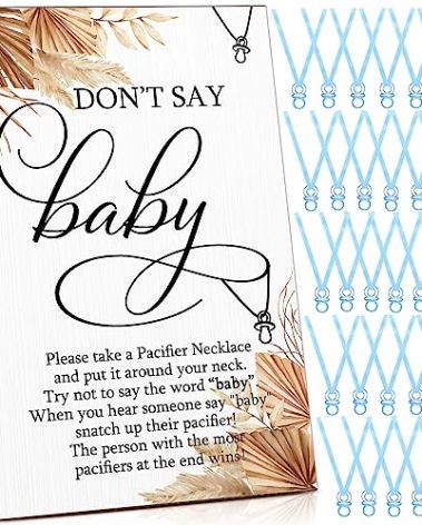 Geetery 51 Pcs Don't Say Baby Game Sign Boho Baby Shower Pacifier Game 50 Plastic Pacifier Necklace Wooden Don't Say Sign Party Favor for Fall Gender Reveal Gift Rewards Supplies Decoration(Blue)