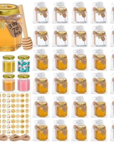 Aliggbent 70 Pack Small Honey Jars for Party Favors in Bulk, 3 oz Mini Hexagon Glass Honey Jars with Dippers, Lids, Cute Stickers, Bee Charms, Gift Bags and Jute for Baby Showers, Weddings, Birthdays