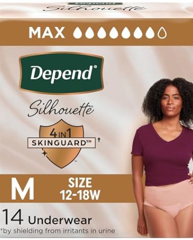 Depend Silhouette Adult Diapers, Incontinence & Postpartum Bladder Leak Underwear for Women, Maximum Absorbency, Medium, Pink, 14 Count, Packaging May Vary