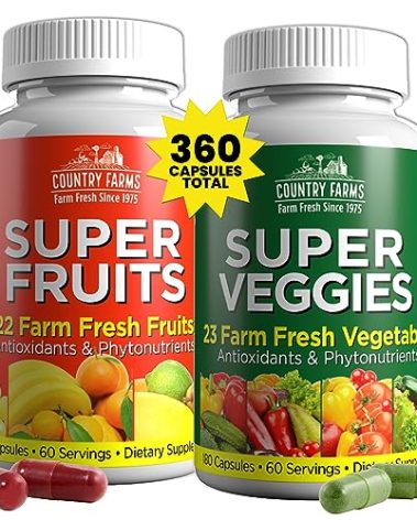 Country Farms Fruits and Vegetables Supplement, 180 Fruit and 180 Veggie Capsules, Greens and Reds Packed with Superfoods, Powerful Antioxidants, 60 Servings