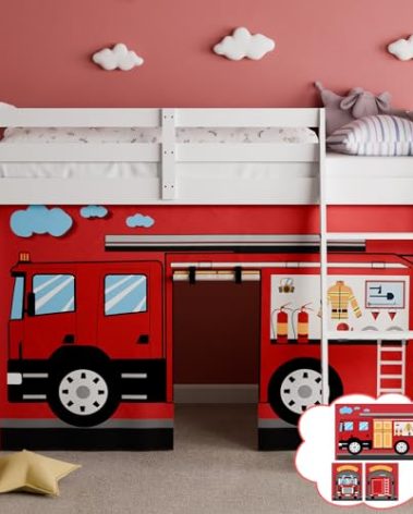 YRDKB Fire-Truck Bunk Bed - 45H Curtains Premium and Customizable Cartoon Loft Bed Curtains for Children to Enhance The Imaginative Creation Bedroom Curtains(3PCS,Twins)