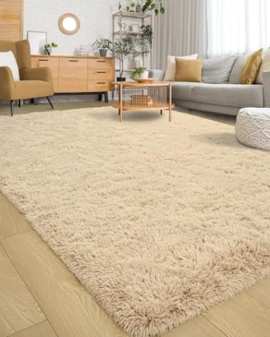 Keeko Fluffy Area Rugs for Living Room Bedroom, Soft Plush Bedside Rug Modern Indoor Large Rug Shag Fuzzy Nursery Carpet Non Slip Rugs for Kids Girls Baby Teen Dorm Room Home Decor Beige, 5.3x7.5