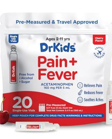 Dr. Kids Children’s Pain and Fever Medicine - Acetaminophen for Kids Ages 2-11, Pre-Measured Single-Use Vials for Headache, Sore Throat, Cold and Flu, Cherry Flavor, 20 Count (Pack of 1)