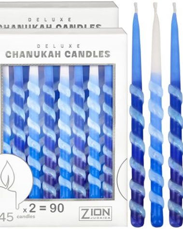 Dripless Hanukkah Candles Set - 45 Multi Tone Blue and White Ombre Spiral Candle Includes a DIY Dreidel, Prayer Card - Standard Size Menorah Candles Enough for Eight Nights of Chanukah By Zion Judaica