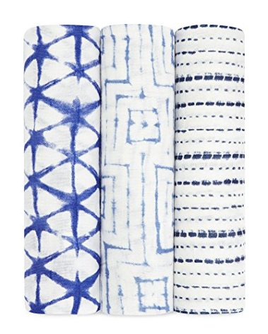 aden + anais Silky Soft Swaddle Blanket,100% Viscose from Bamboo Muslin Blankets for Girls & Boys, Baby Receiving Swaddles, Ideal Newborn & Infant Swaddling Set, 3 Pack, Indigo Shibori