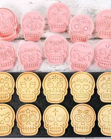Day of the Dead Sugar Skull Cookie Cutters Set, 10-Piece Día de los Muertos Halloween Cookie Mold Kit, Reusable Embossed Skull Face Biscuit Stamps (Sugar Skull)