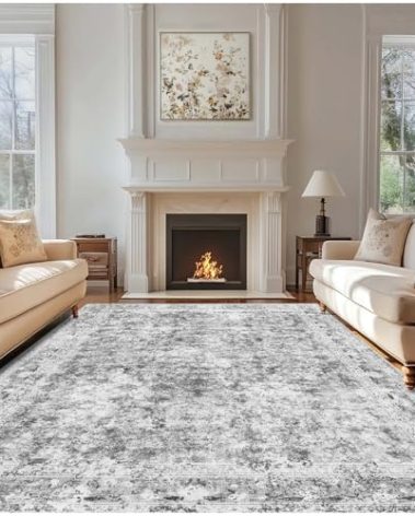 LOOMY 8x10 Rug Gray Square Carpet - Washable Non-Slip Vintage Rugs Traditional Mat Foldable Thin Retro Accent Floral Non Slip Area Rug for Living Room, Bedroom, Dining Room Office
