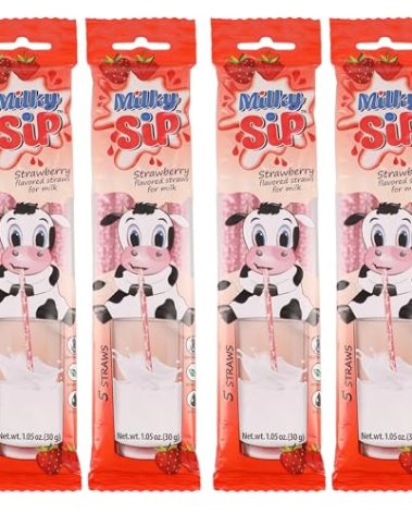 20 Milky Sip Strawberry Flavored Straws For Milk - 4 Packs of Milk Flavoring Straws, 5 Straws in Each. Magical Strawberry Flavor Makes Children Eager, Want and Love to Drink Milk