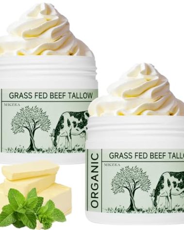 mkzea Beef Tallow, Beef Tallow for Skin, Tallow Face Moisturizer, 2 Packs Unscented Beef Tallow Blam Grass Fed Whipped Tallow Face Cream Nourishing Soothing Moisturizer Body Lotion Skin Care