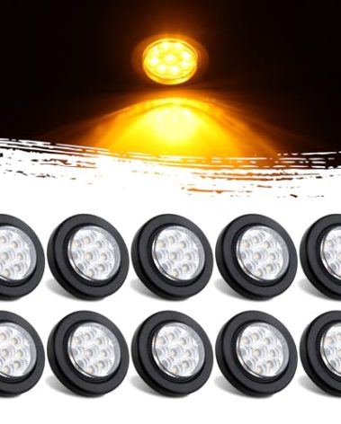 10Pcs 2” Inch Round Led Marker Lights 9 Amber LED Reflectors Clear Lens, 2 Inch Round LED Truck Trailer Clearance Side Marker Lights w/Light Grommets and 2 Prong Trailer Wire Pigtails 12V Waterproof