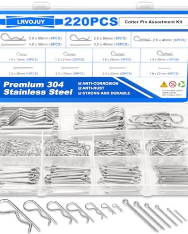 LRVOJUY 220PCS Cotter Pin Assortment Kit, 13 Sizes Premium 304 Stainless Steel Cotter Pins, Heavy Duty R Clips & Hairpin Cotter Pin Set, Hardware Pins for Automotive, Trailer, Hitch Pin Lock System
