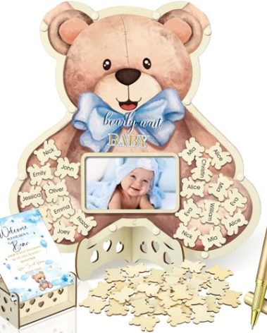 Wenqik 63 Pcs Bear Baby Shower Guest Book Alternatives Set Baby Shower Decorations with Photo Frame Sonogram Frame Keepsake 60 Wood Slices Guest Book for Birthday