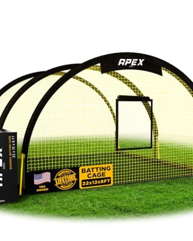 Apex Sports Portable 22ft x 12ft x 8ft Baseball & Softball Batting Cage with Pitching Machine Hole, 3ply 1.25'' Yellow Netting, Secure Steel Poles, 12.7MM Fibreglass Poles, Carry Bag Included