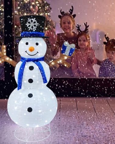 Outdoor Snowman Lighted, Pop-Up Snowman Outdoor Yard Christmas Decorations Prelit 100 Lights, Collapsible Lighted Snowmen Wears Blue Scarf and Holds Light Up Gift Box for Home Porch Yard Décor-Blue