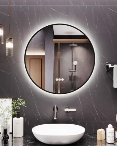 YIDABATH Round Bathroom Mirror with Lights, 24x24 Inch Vanity Mirror with Backlit, Anti-Fog, 3 Colors and Stepless Dimmable Wall Mounted Makeup Mirror with Metal Frame (Black)