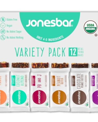 JONESBAR Organic Plant Based Protein Bars | 6 Flavor Variety Pack | Fruit & Nut Bar, Kosher, Gluten Free, Breakfast Bars, School Snacks, Vegan Snack & Healthy Snacks for Adults and Kids (Pack of 12)
