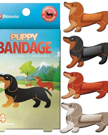 BioSwiss Kids Bandages, Weiner Dog Shaped Self Adhesive Bandage Set, Latex Free, Sterile Wound Care, 24 Count