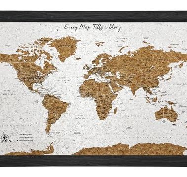 Gleneagles World Travel Map & Pin Board | Framed Pinboard | Cork Wooden Design | 70 Push Pins Included | 14.2'' x 21.2'' Personalised Home Wanderlust Decor for Travelers (Black)