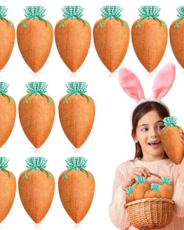 Shinylin 24 Pcs Easter Carrot Gift Bags Easter Fabric Drawstring Bag Carrot Candy Goody Treat Bags for Spring Basket Stuffers Egg Hunt Outdoor Party Favor Supplies, 5 x 9.5 Inch