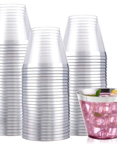I00000 100PCS Silver Plastic Cups,9 oz Clear Plastic Cups with Silver Trim, Heavy-Duty Disposable Hard Cup For Party, Premium Cup Perfect for Wedding & Party